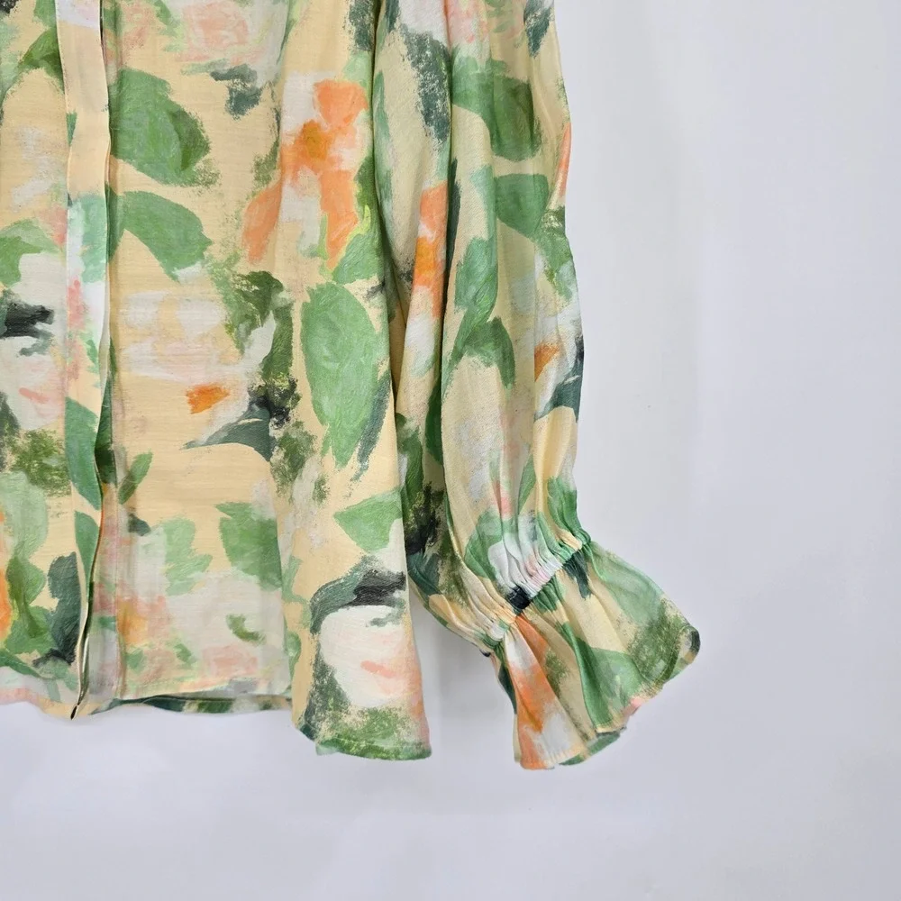 Jade Melody Tam Floral Blouse Green Orange Yellow Impressionist Smocked Cuff S - Picture 6 of 13